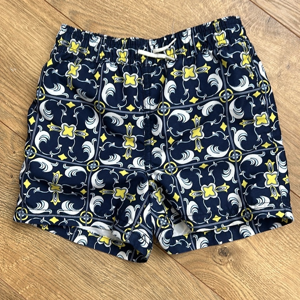 Janie and Jack Navy, White & Yellow Patterned Boys Swim Trunks
